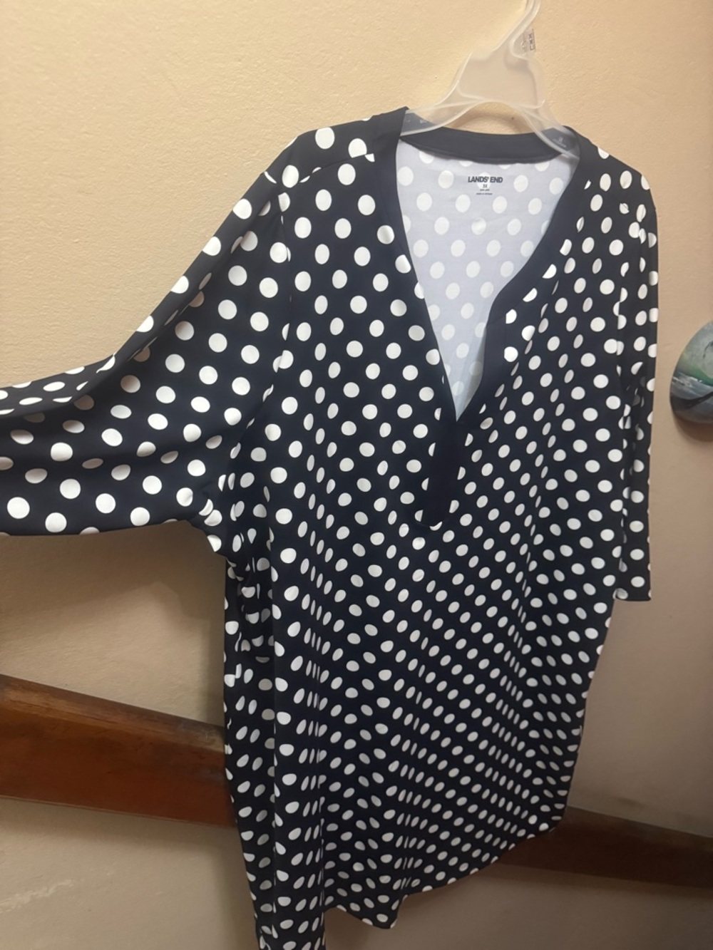 Lands' End Black and White Polka Dot V-Neck Tunic
